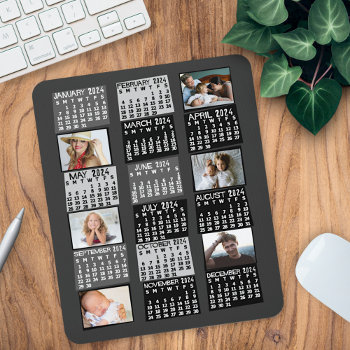 2024 Year Monthly Calendar Mod Black Photo Collage Mouse Pad by FancyCelebration at Zazzle