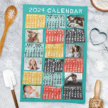 2024 Year Monthly Calendar Modern Photo Collage Kitchen Towel<br><div class="desc">This personalized 2024 year monthly calendar kitchen towel has a mid-century modern geometric look with asymmetrical color blocks and cut-out paper style typography. Use the easy templates to add six of your favorite photos (horizontal work best, but all shapes will automatically adjust to fit the frames). This vibrant, ultra-mod calendar...</div>