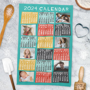 2024 Year Monthly Calendar Modern Photo Collage Kitchen Towel by FancyCelebration at Zazzle