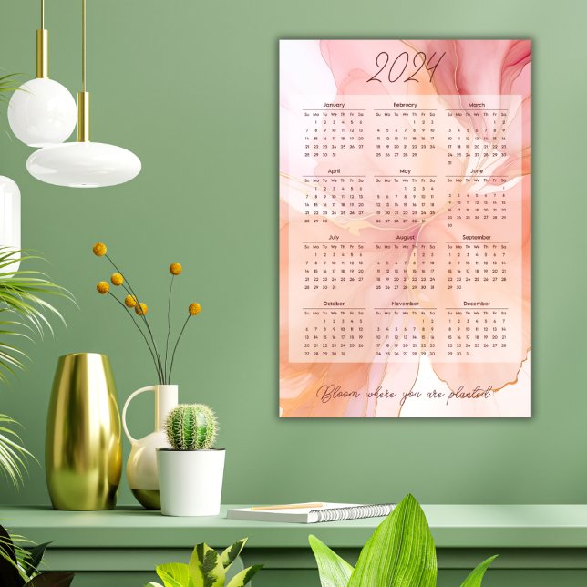 2024 Year Monthly Calendar Peach Floral Stylish Poster (The quote can be personalized to your favorite saying or word of the year.)
