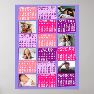 2024 Year Monthly Calendar Photo Collage Cute Mod Poster