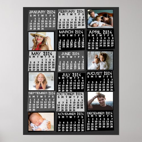 2024 Year Monthly Calendar Photo Collage Mod Black Poster