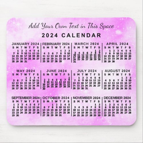 2024 Year Monthly Calendar Pink Watercolor Custom Mouse Pad