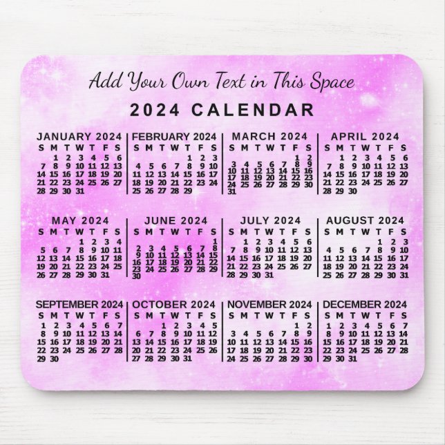 2024 Year Monthly Calendar Pink Watercolor Custom Mouse Pad (Front)