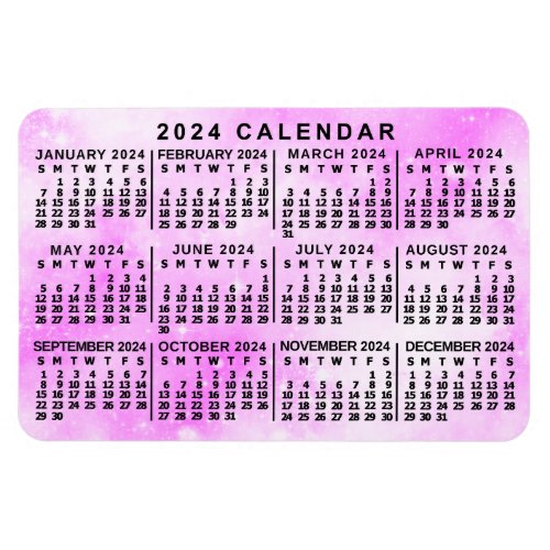 2024 Year Monthly Calendar Pink Watercolor Stars Magnet