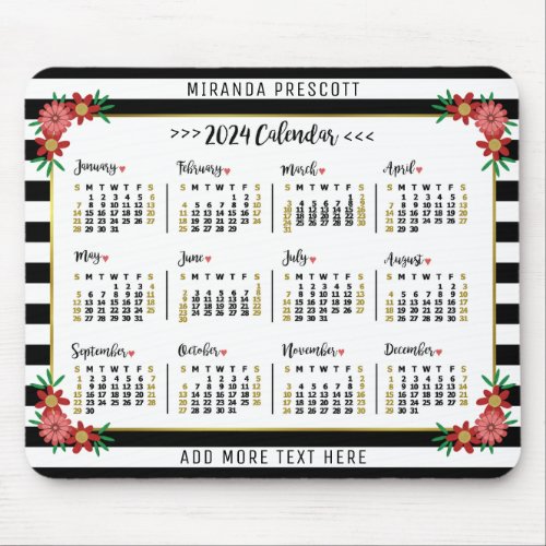 2024 Year Monthly Calendar  Preppy Floral Stripes Mouse Pad