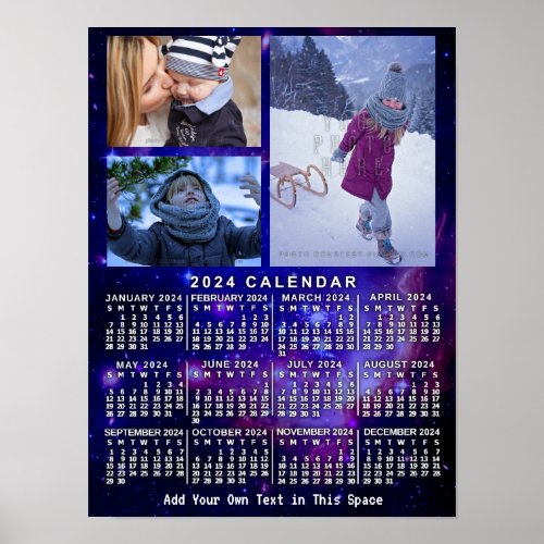 2024 Year Monthly Calendar Space Nebula 3 Photos Poster
