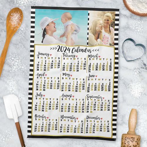 2024 Year Monthly Calendar Stripes  Custom Photos Kitchen Towel