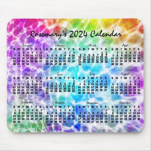 2024 Year Monthly Calendar Tiedye Hippie Rainbow Mouse Pad