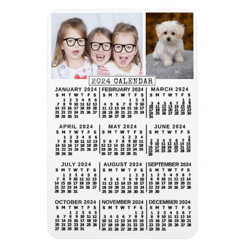 2024 Year Monthly Calendar White  Photo Template Magnet