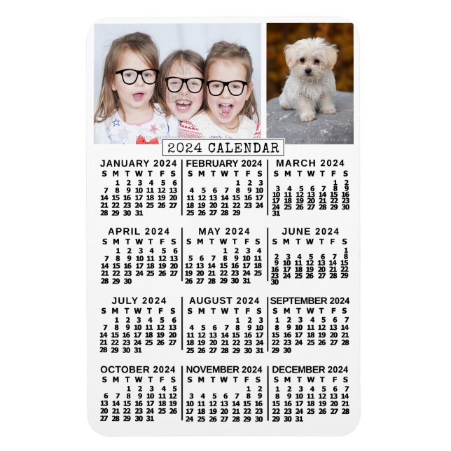 2024 Year Monthly Calendar White | Photo Template Magnet (Vertical)