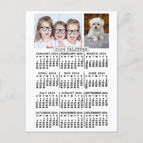 2024 Year Monthly Calendar White  Photo Template Postcard