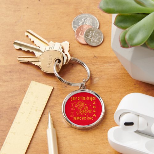 2024 Year Of Dragon Peace And Love Gold Red Keyc Keychain