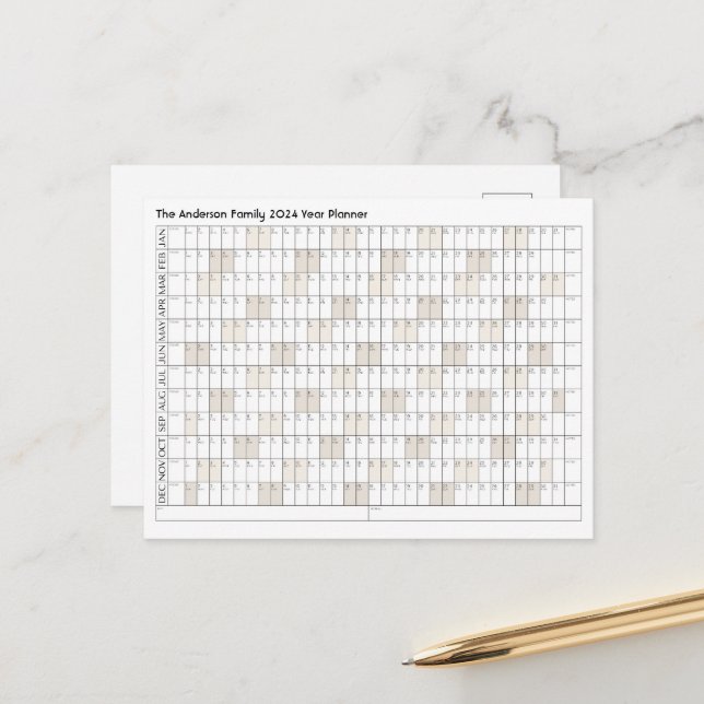 2024 Year Planner Family Name Office Calendar Postcard (Front/Back In Situ)