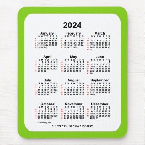 2024 Yellow Green 52 Week Calendar by Janz Mouse Pad