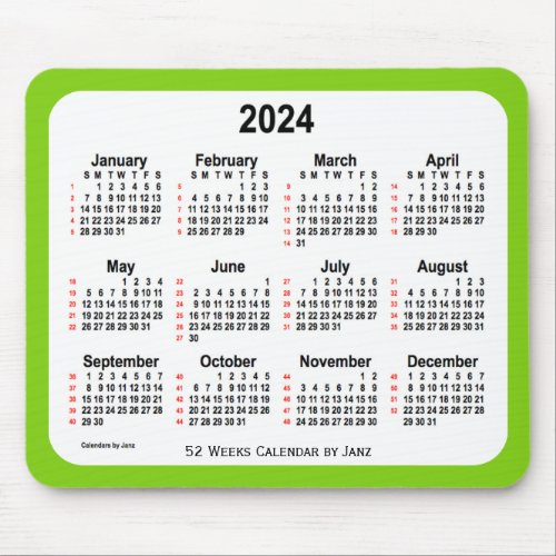 2024 Yellow Green 52 Weeks Calendar by Janz Mouse Pad