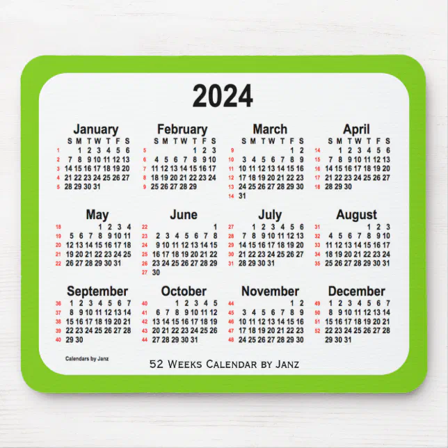 2024 Yellow Green 52 Weeks Calendar by Janz Mouse Pad | Zazzle