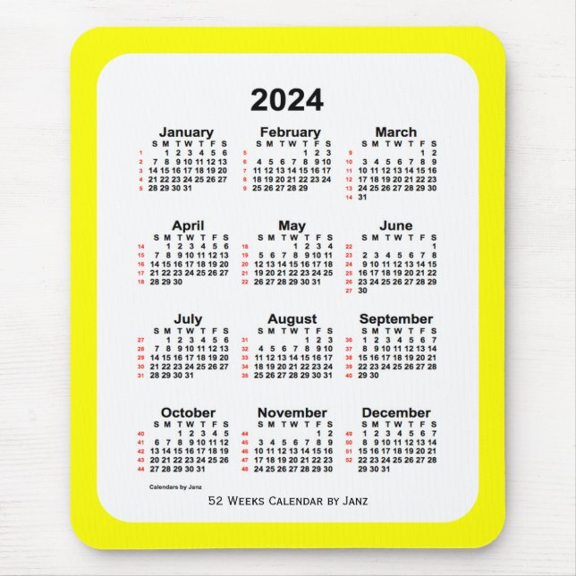 2024 Yellow Two Tone 52 Week Calendar by Janz Mouse Pad (Front)