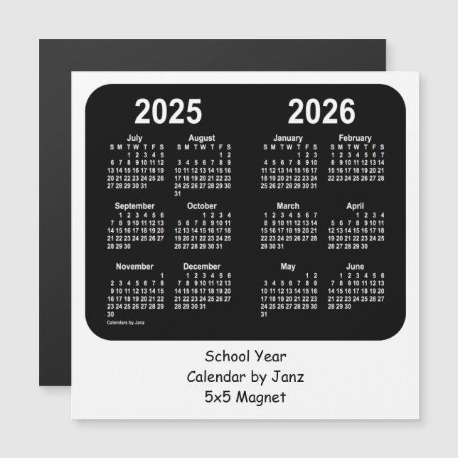 2025-2026 Black and White School Calendar by Janz (Front/Back)