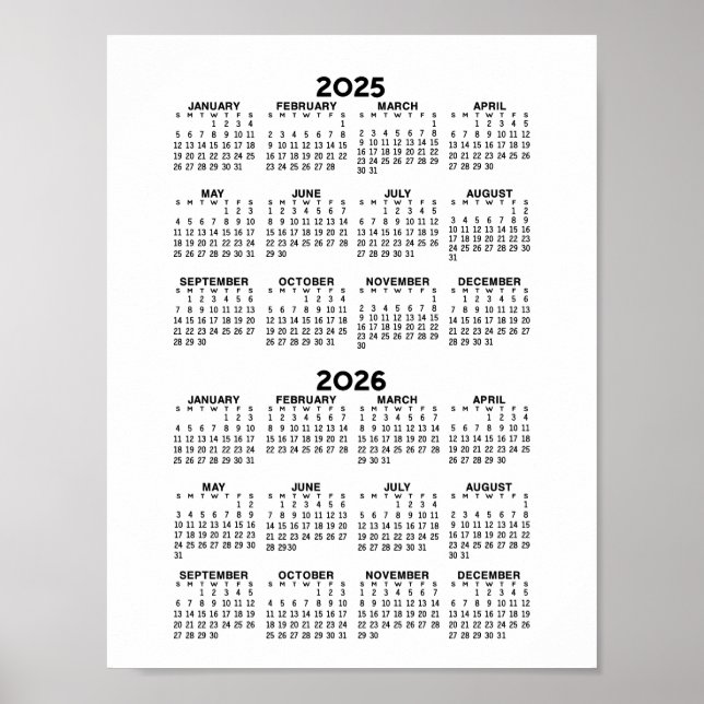 2025 2026 Calendar - Basic Minimal Black and White Poster (Front)