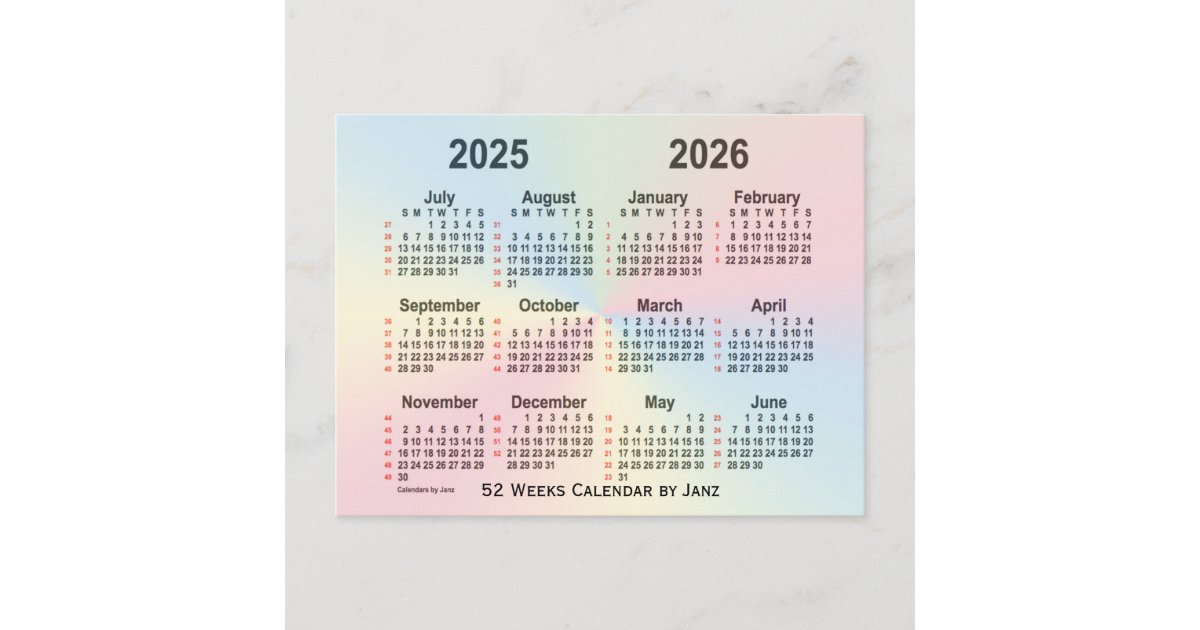 2025-2026-rainbow-52-weeks-calendar-by-janz-postcard-zazzle