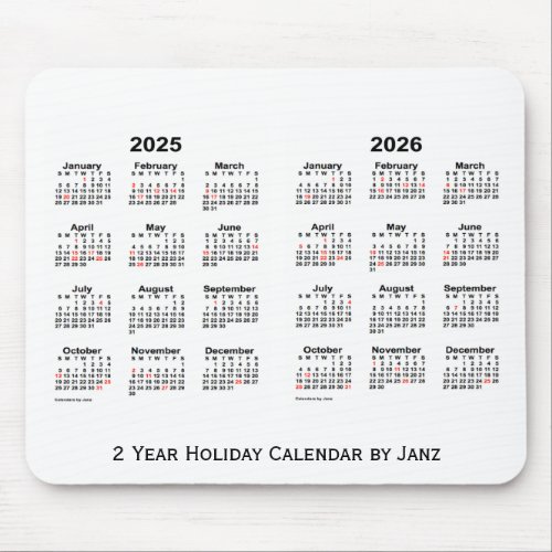 2025_2026 White 2 Year Holiday Calendar by Janz Mouse Pad