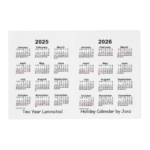 2025-2026 White 2 Year Holiday Calendar by Janz Placemat