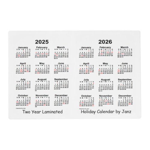 2025_2026 White 2 Year Holiday Calendar by Janz Placemat