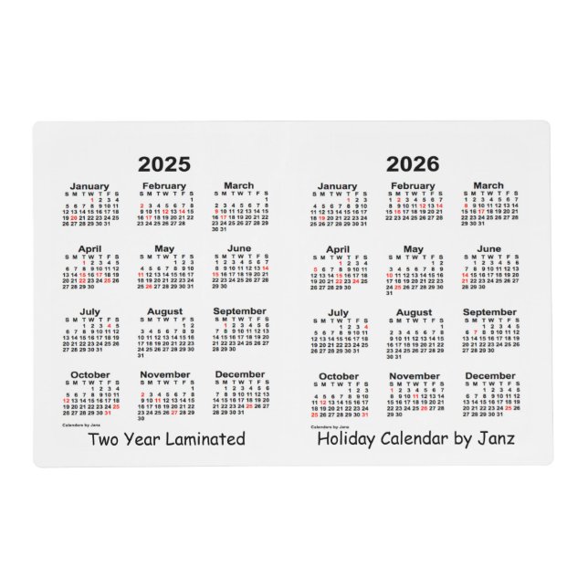 2025-2026 White 2 Year Holiday Calendar by Janz Placemat (Front)