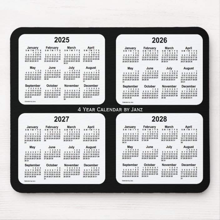 2025 2028 Black And White 4 Year Calendar By Janz Mouse Pad