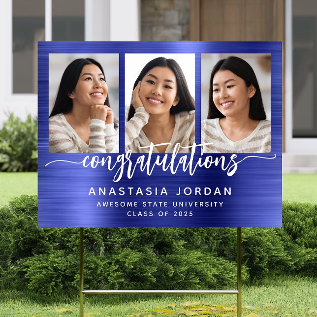 2025 3-Photo Blue Brushed Metal Congrats Grad Yard Sign (Creator Uploaded)