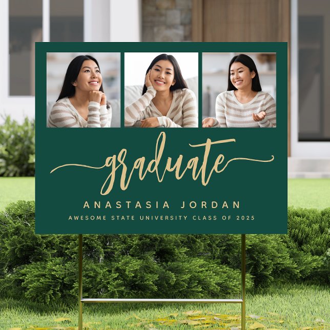 2025 3-Photo Green Gold Graduate Script Yard Sign (Creator Uploaded)