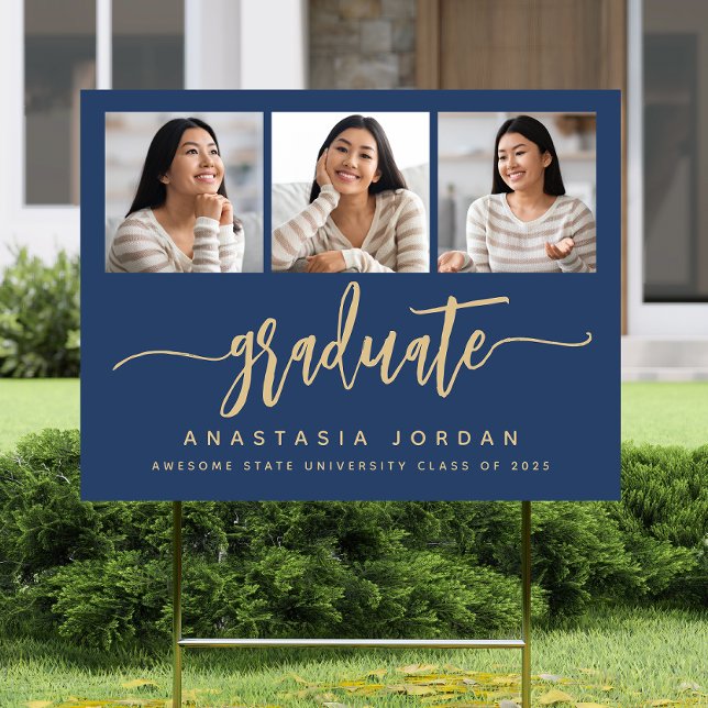 2025 3-Photo Navy Blue Gold Graduate Script Yard Sign (Creator Uploaded)
