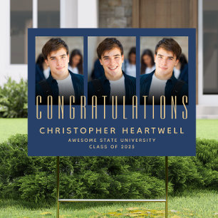 2025 3-Photo Navy Gold Simple Congrats Grad Yard Sign