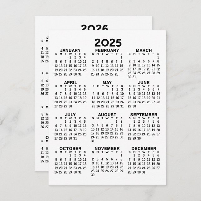 2025 and 2026 Year View Calendar - Basic Minimal Postcard (Front/Back)