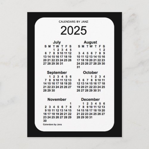 2025 Black 6 Month Mini Calendar by Janz Postcard