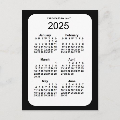 2025 Black 6 Month Mini Calendar by Janz Postcard