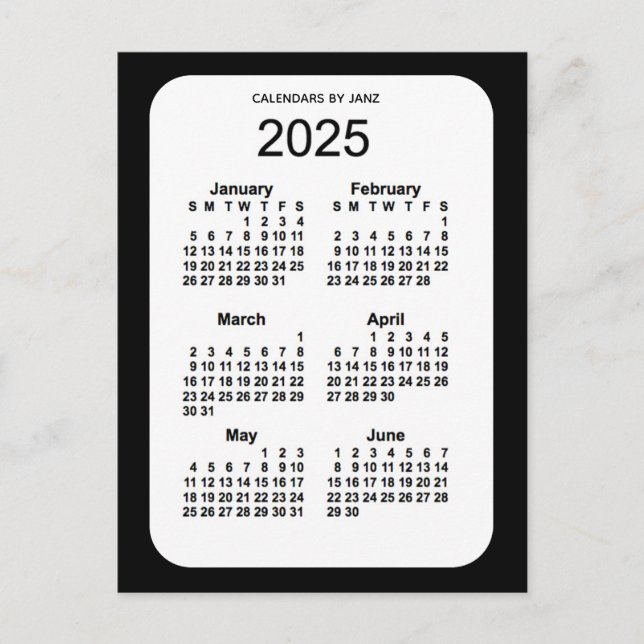 2025 Black 6 Month Mini Calendar by Janz Postcard (Front)