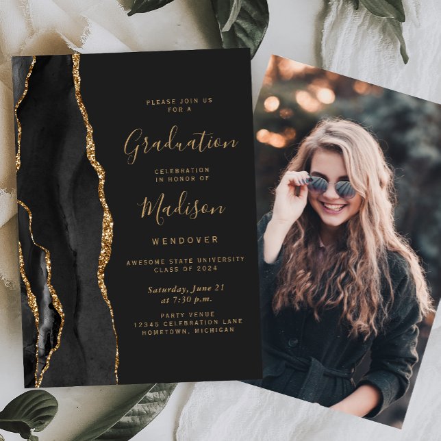 2025 Black Gold Agate Photo Dark Graduation Invitation (Creator Uploaded)