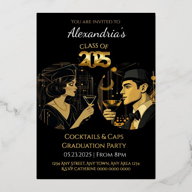 2025 Black Gold Cocktail & Caps Graduation Party Foil Invitation (Front)