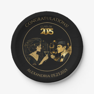 2025 Black Gold Cocktail & Caps Graduation Party Paper Plates