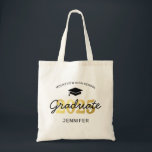 2025 Black Gold Graduate Gift Tote Bag<br><div class="desc">Custom graduation gift bag featuring a graduate cap,  2025 in faux gold,  school name,  students name,  and the word graduate in a script font.</div>