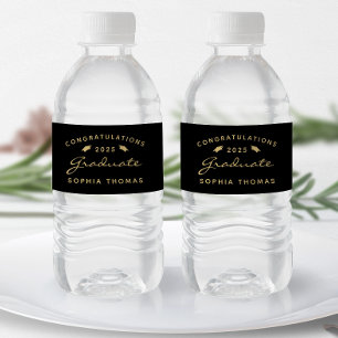 2025 Black Gold Script Cap Graduation Water Bottle Label