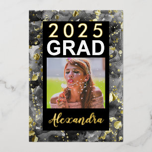 2025 Black Gold Watercolor Art Photo Graduation Foil Invitation