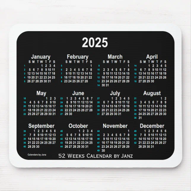 2025 Black Neon 52 Weeks Calendar by Janz Mouse Pad Zazzle