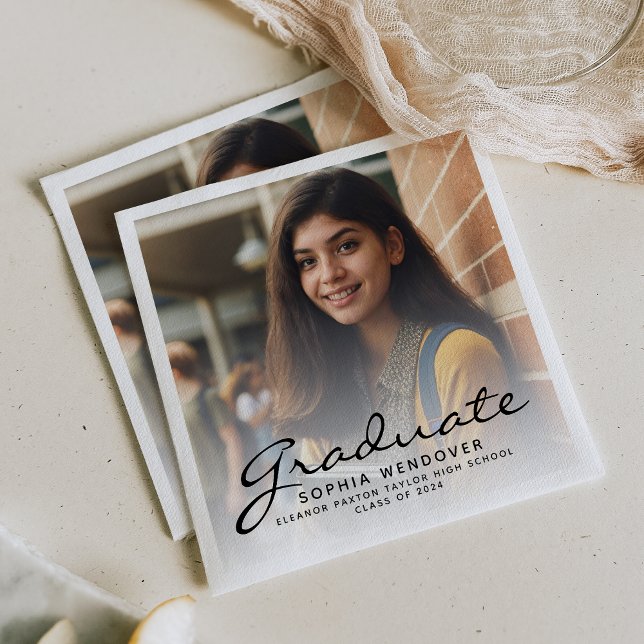 2025 Black Script Photo Graduation Party Napkins (Creator Uploaded)