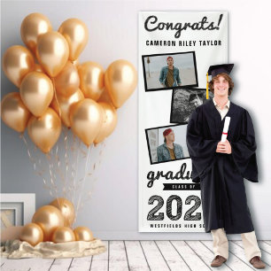 2025 Black Sketch 3 Photo Collage Graduation Party Banner