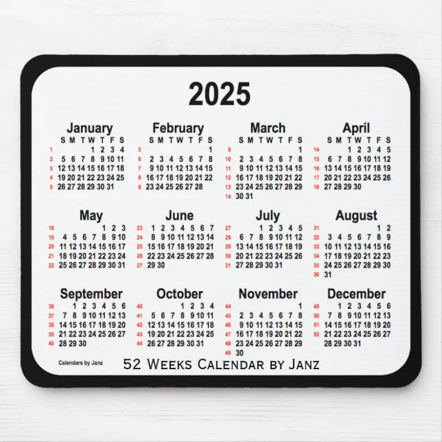 2025 Black Two Tone 52 Weeks Calendar by Janz Mouse Pad | Zazzle