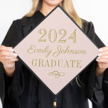2025 Blush Pink and Gold Custom Graduation Cap Topper<br><div class="desc">Stylish graduation cap topper features your graduate's name in antique gold script with a scroll design accent. The pretty blush pink and gold color scheme can be completely customized.</div>
