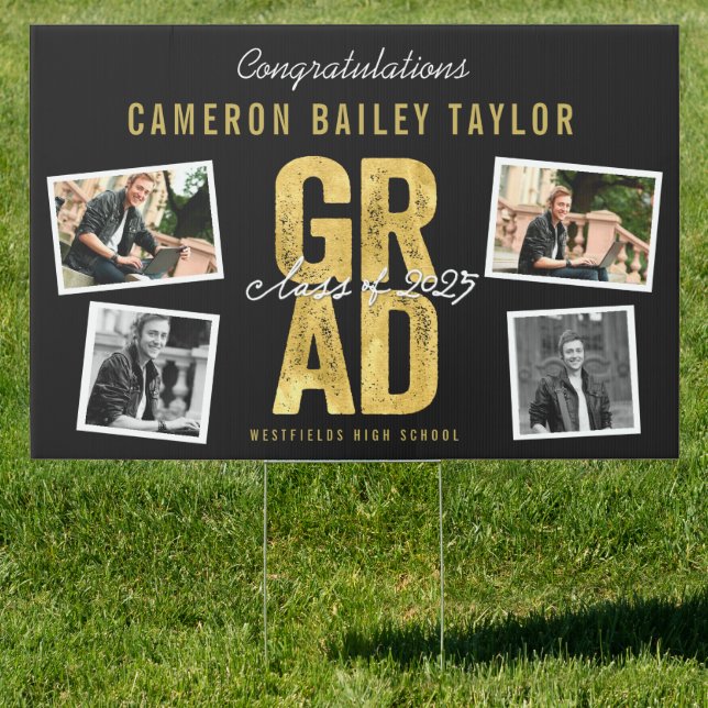 2025 Bold Gold Foil GRAD 4 Photo Graduation Party Sign (Insitu)